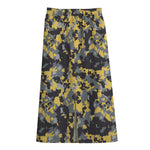 Yellow Black And Grey Digital Camo Print Cotton Front Slit Maxi Skirt