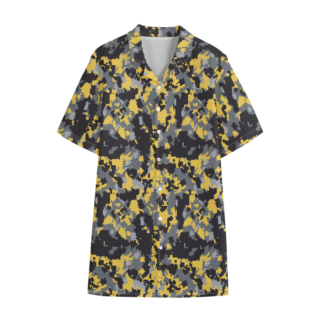 Yellow Black And Grey Digital Camo Print Cotton Hawaiian Shirt
