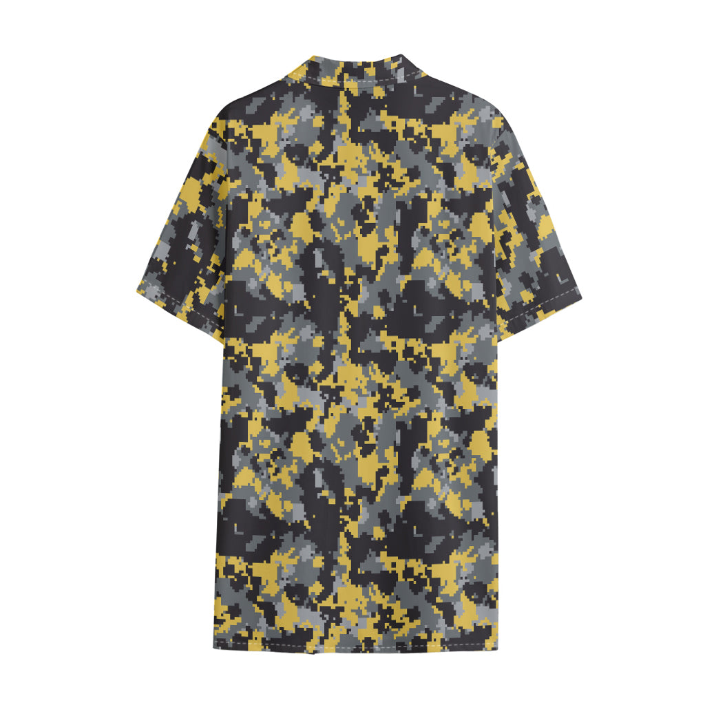 Yellow Black And Grey Digital Camo Print Cotton Hawaiian Shirt