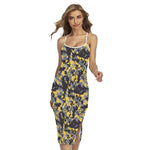 Yellow Black And Grey Digital Camo Print Cross Back Cami Dress