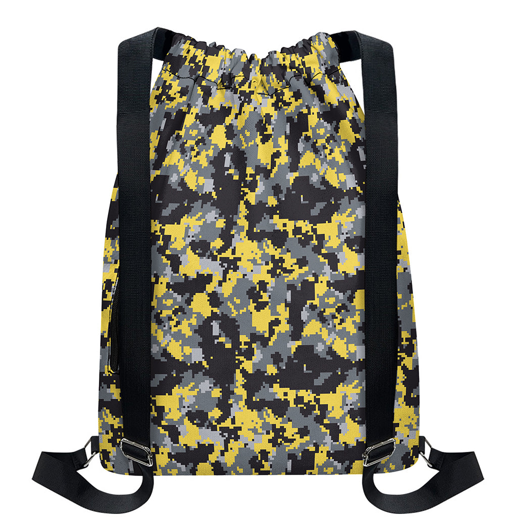 Yellow Black And Grey Digital Camo Print Drawstring Backpack