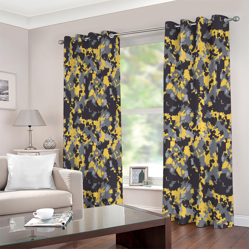 Yellow Black And Grey Digital Camo Print Extra Wide Grommet Curtains