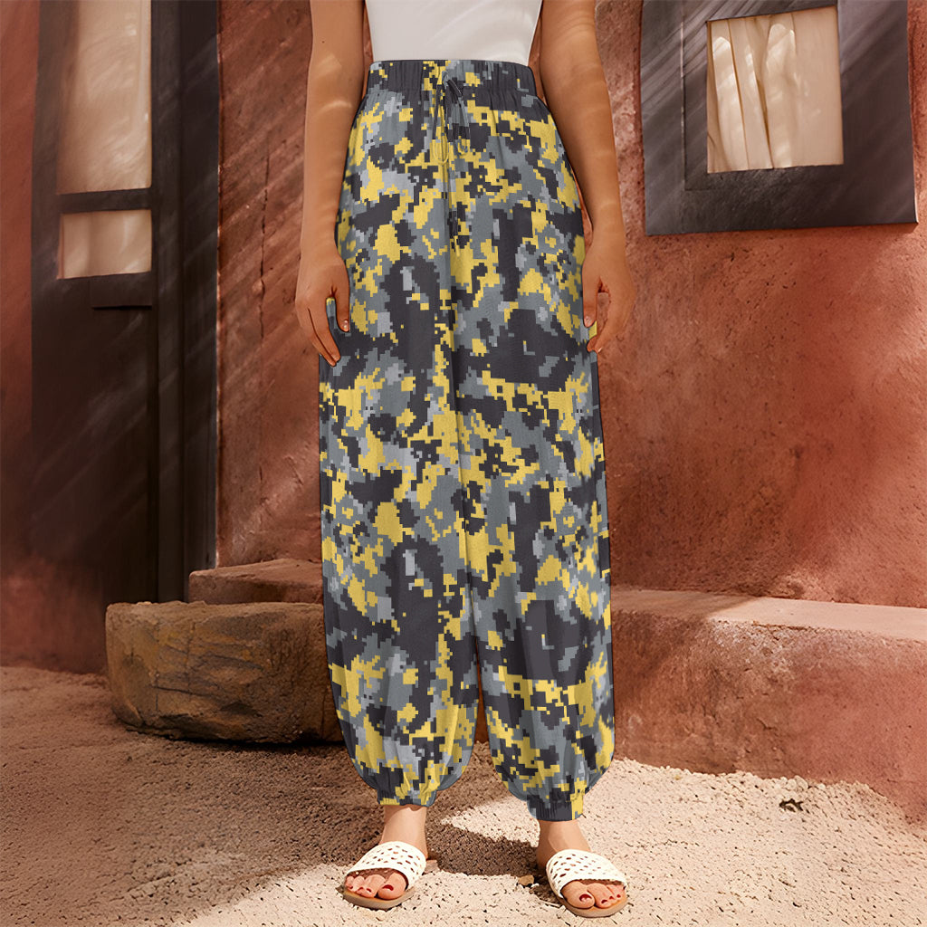 Yellow Black And Grey Digital Camo Print Harem Pants