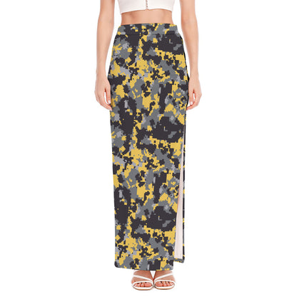 Yellow Black And Grey Digital Camo Print High Slit Maxi Skirt