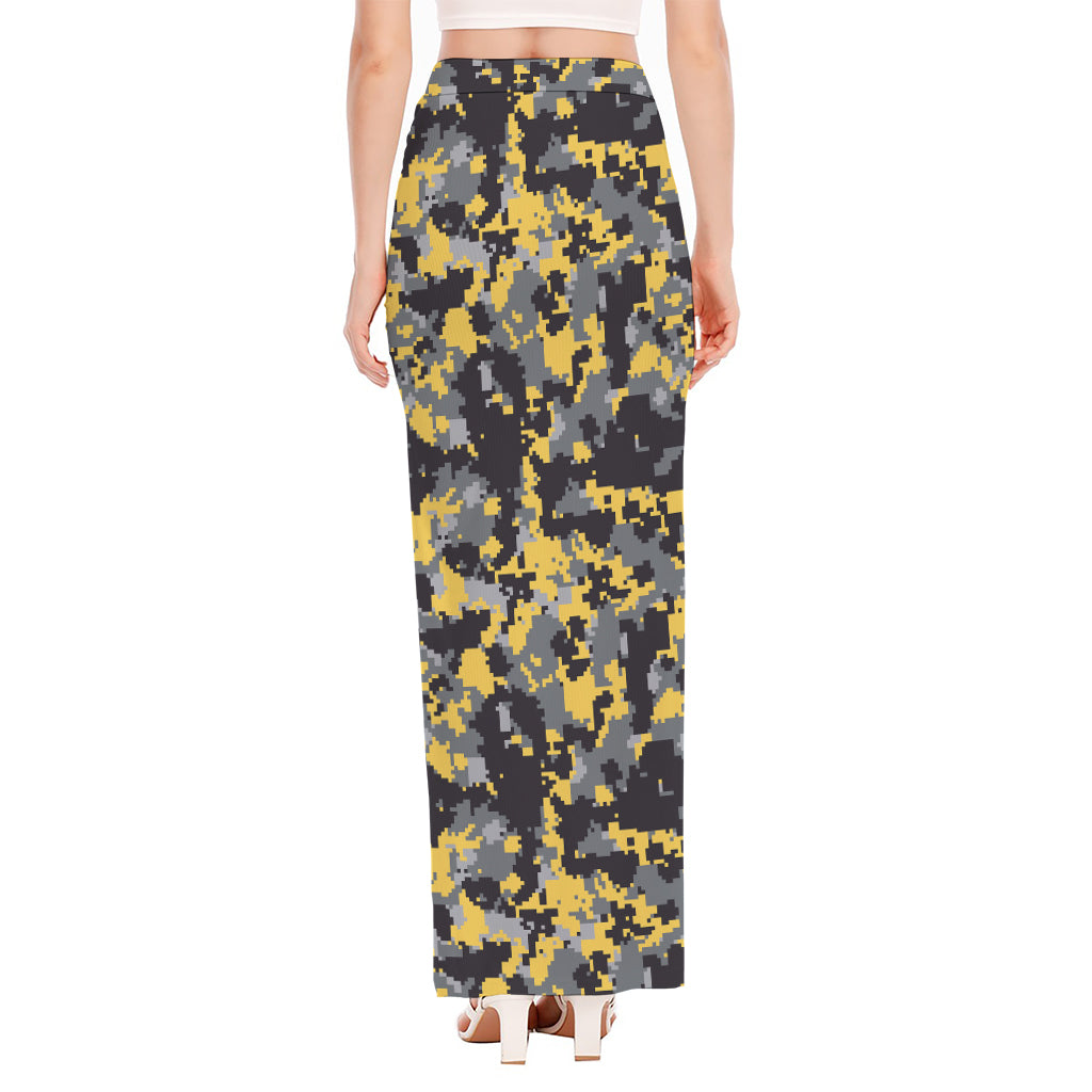 Yellow Black And Grey Digital Camo Print High Slit Maxi Skirt