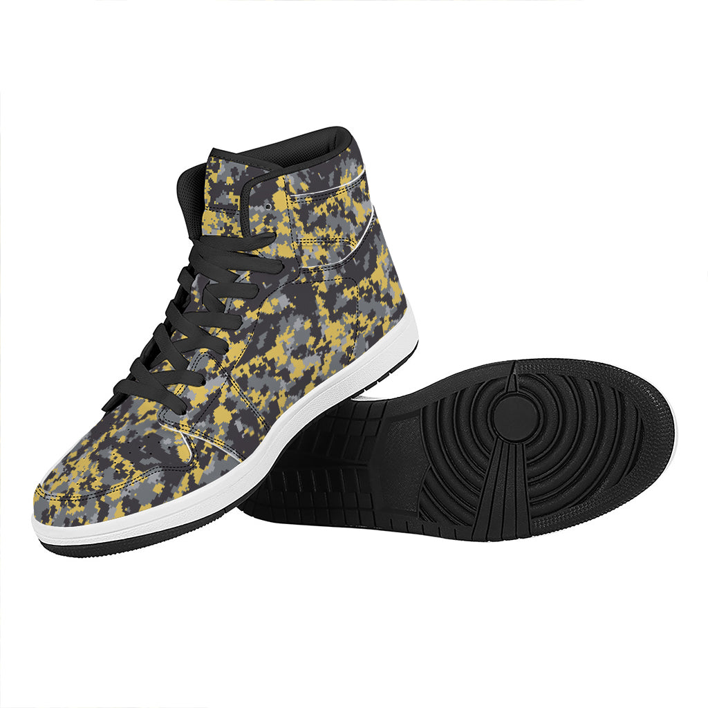 Yellow Black And Grey Digital Camo Print High Top Leather Sneakers
