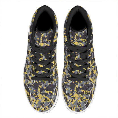 Yellow Black And Grey Digital Camo Print High Top Leather Sneakers