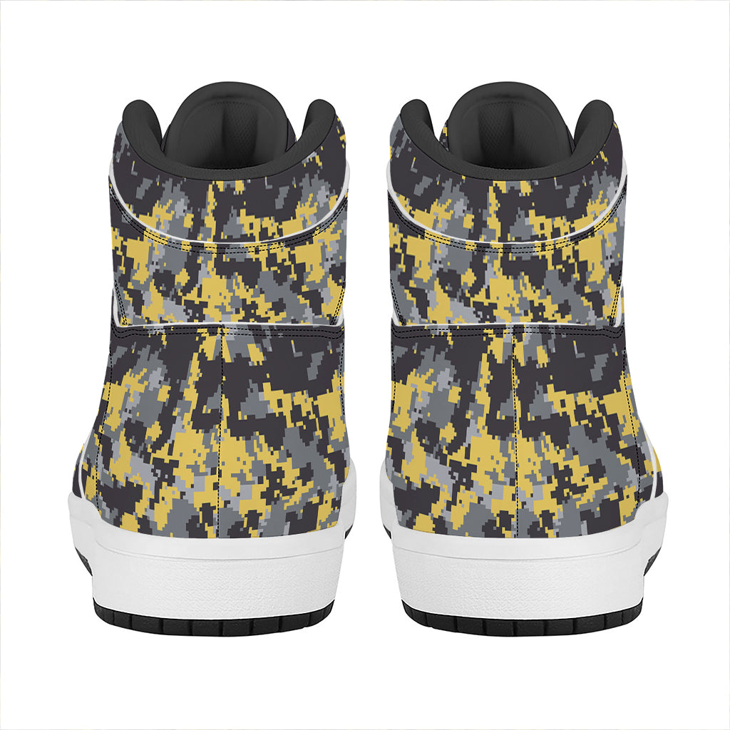 Yellow Black And Grey Digital Camo Print High Top Leather Sneakers