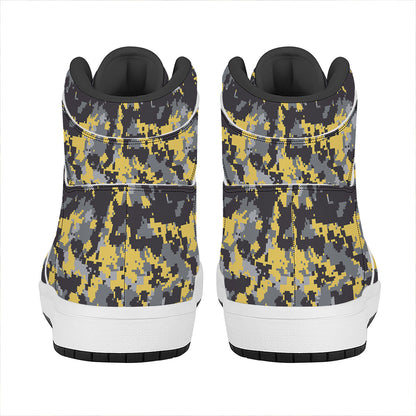 Yellow Black And Grey Digital Camo Print High Top Leather Sneakers