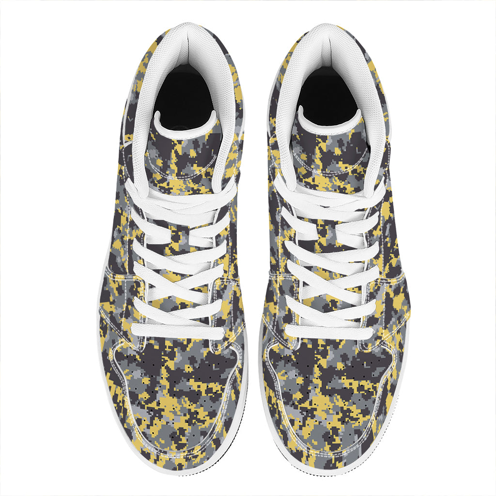 Yellow Black And Grey Digital Camo Print High Top Leather Sneakers