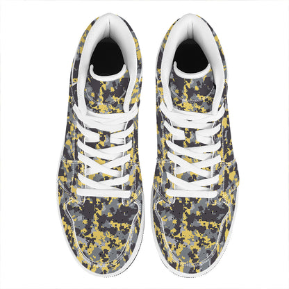 Yellow Black And Grey Digital Camo Print High Top Leather Sneakers