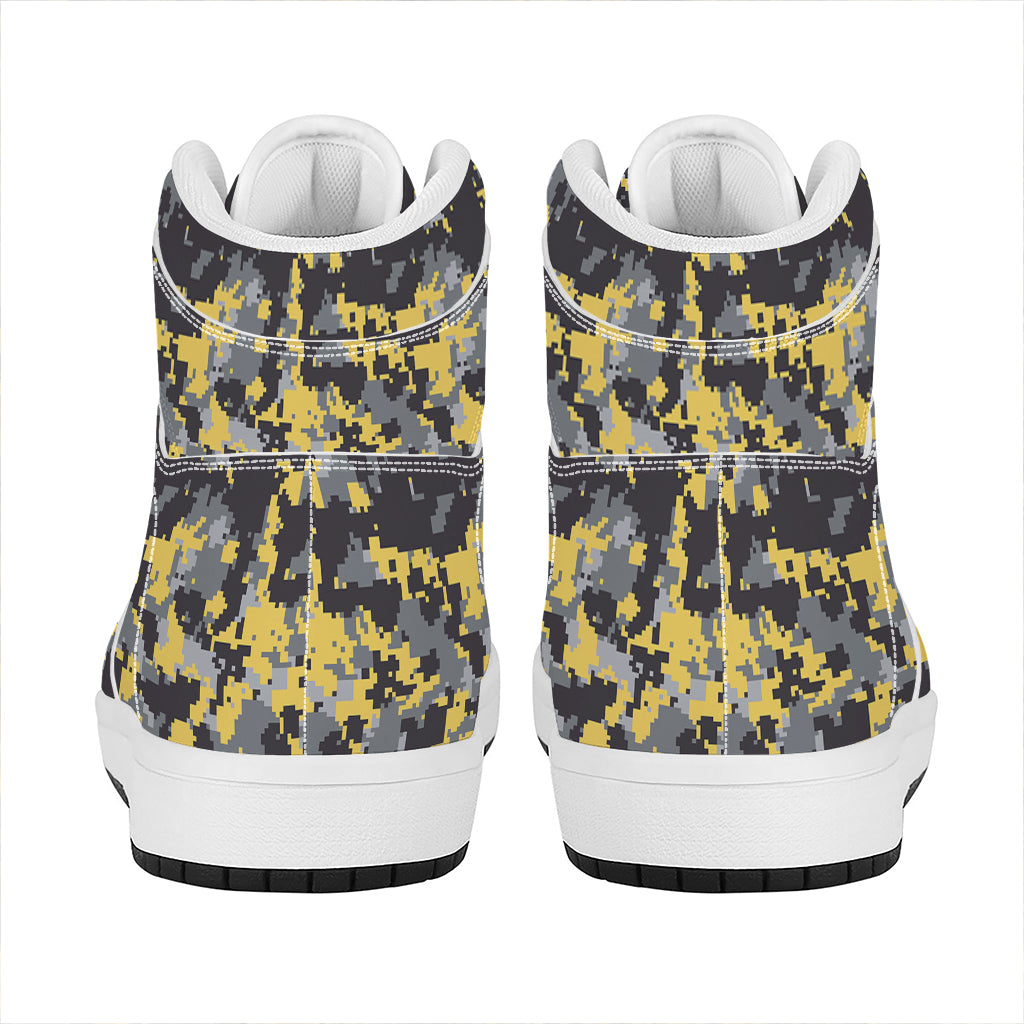 Yellow Black And Grey Digital Camo Print High Top Leather Sneakers