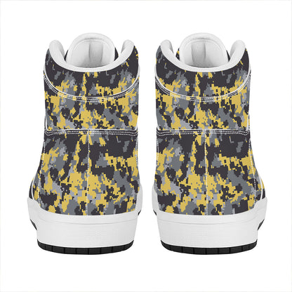 Yellow Black And Grey Digital Camo Print High Top Leather Sneakers