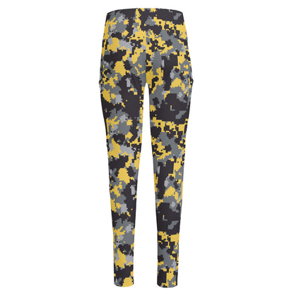 Yellow Black And Grey Digital Camo Print High-Waisted Pocket Leggings