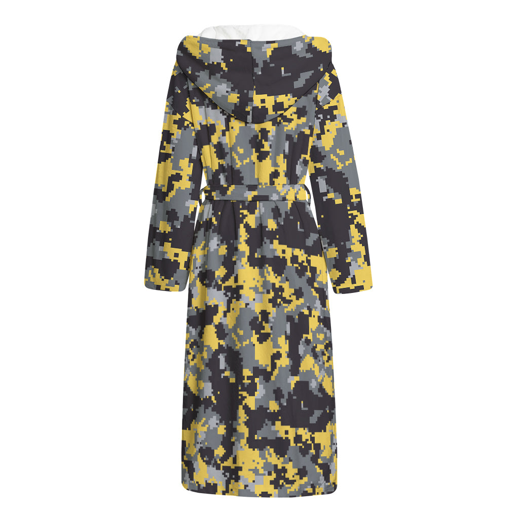 Yellow Black And Grey Digital Camo Print Hooded Bathrobe