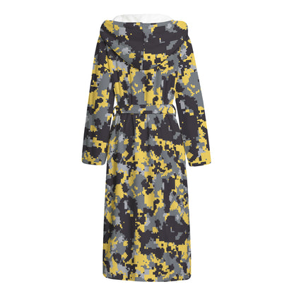 Yellow Black And Grey Digital Camo Print Hooded Bathrobe