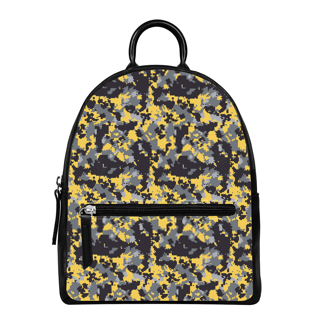 Yellow Black And Grey Digital Camo Print Leather Backpack