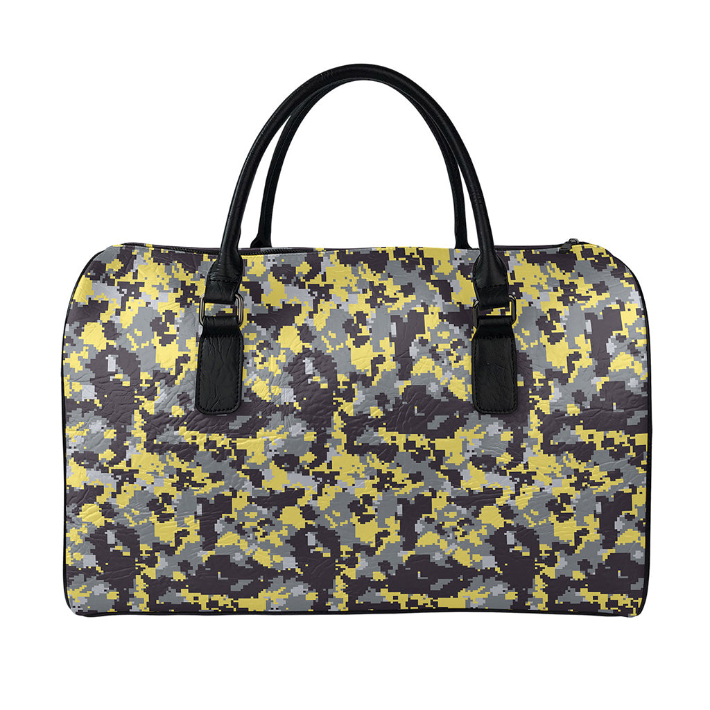 Yellow Black And Grey Digital Camo Print Leather Duffle Bag