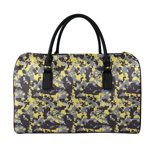 Yellow Black And Grey Digital Camo Print Leather Duffle Bag