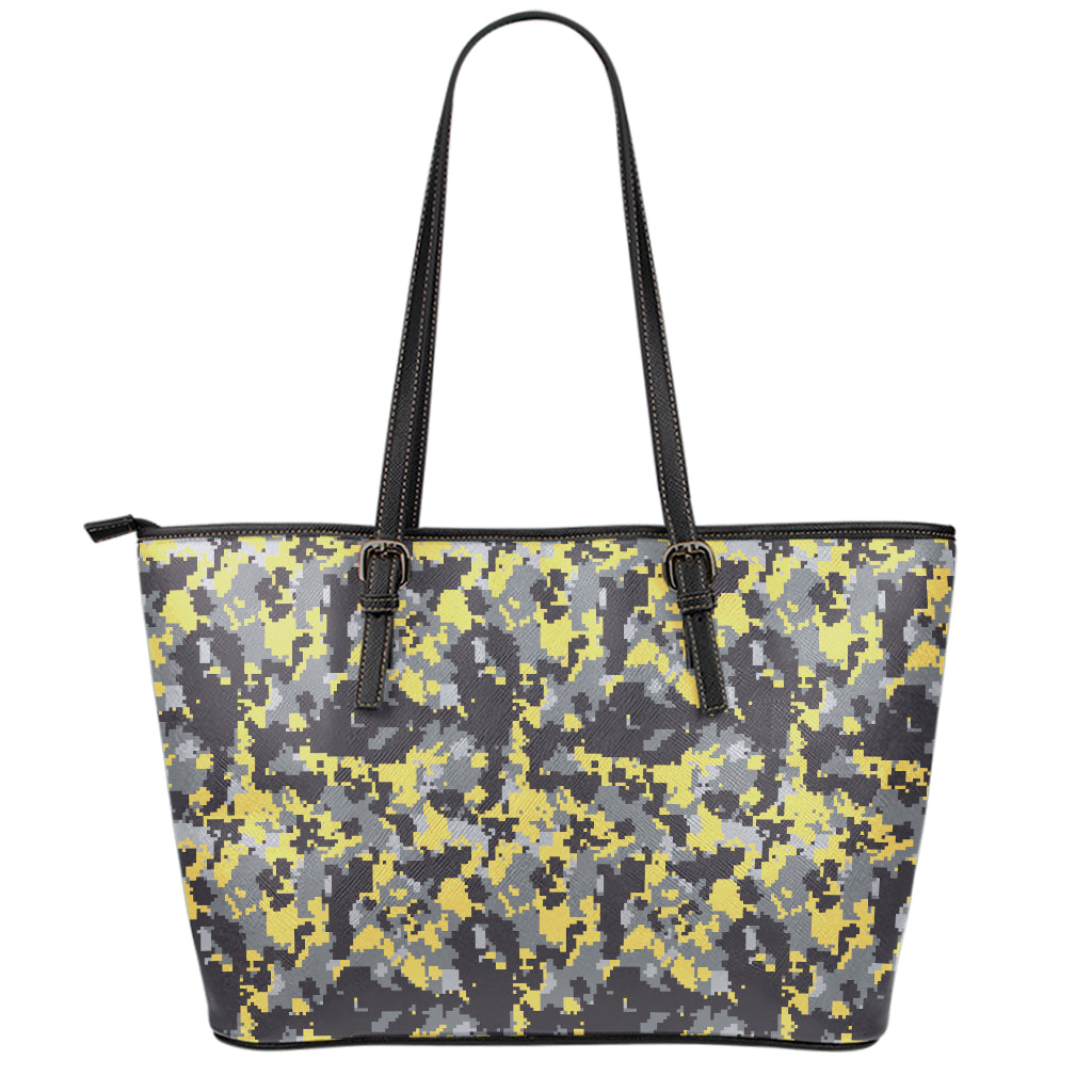 Yellow Black And Grey Digital Camo Print Leather Tote Bag