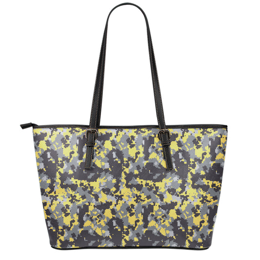 Yellow Black And Grey Digital Camo Print Leather Tote Bag