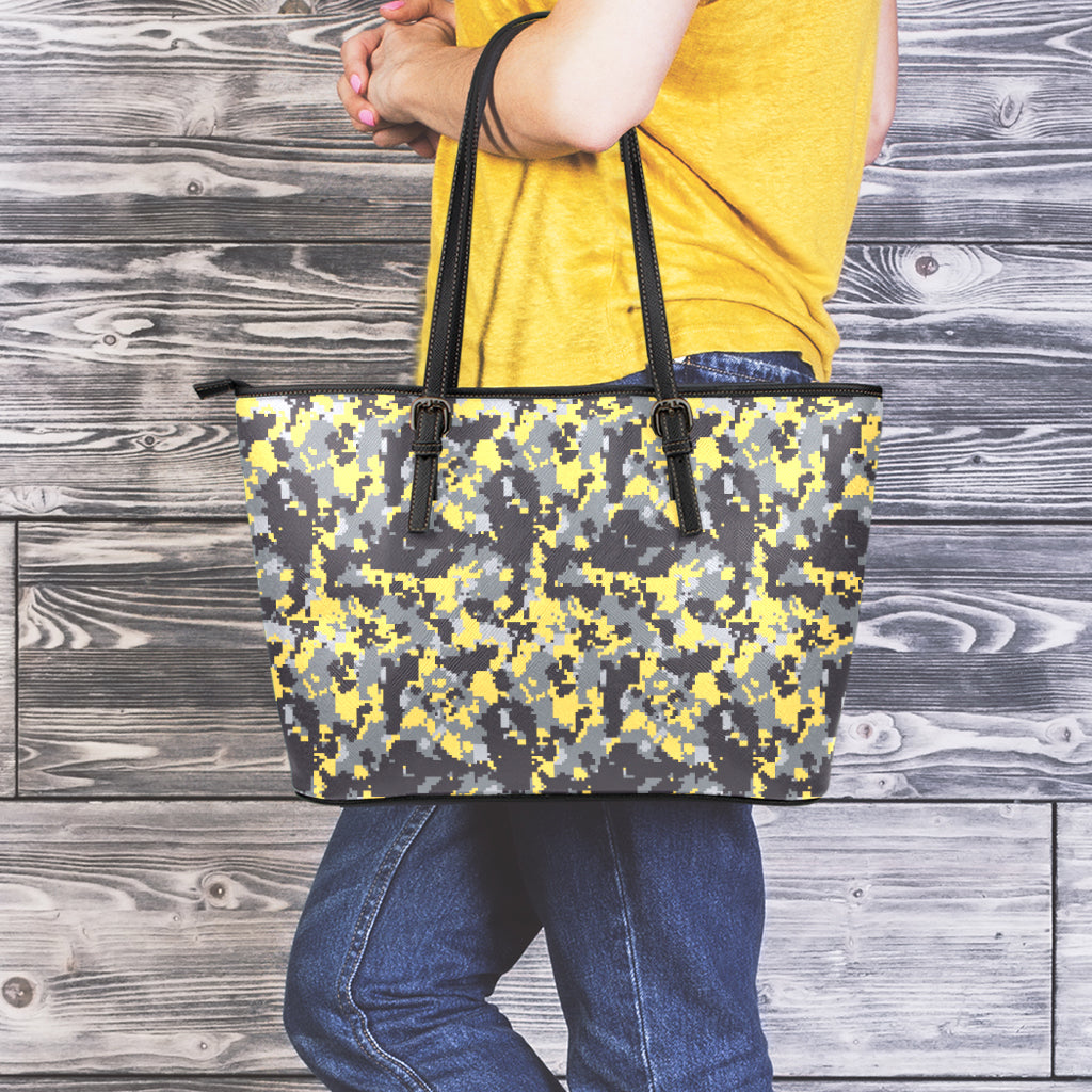 Yellow Black And Grey Digital Camo Print Leather Tote Bag
