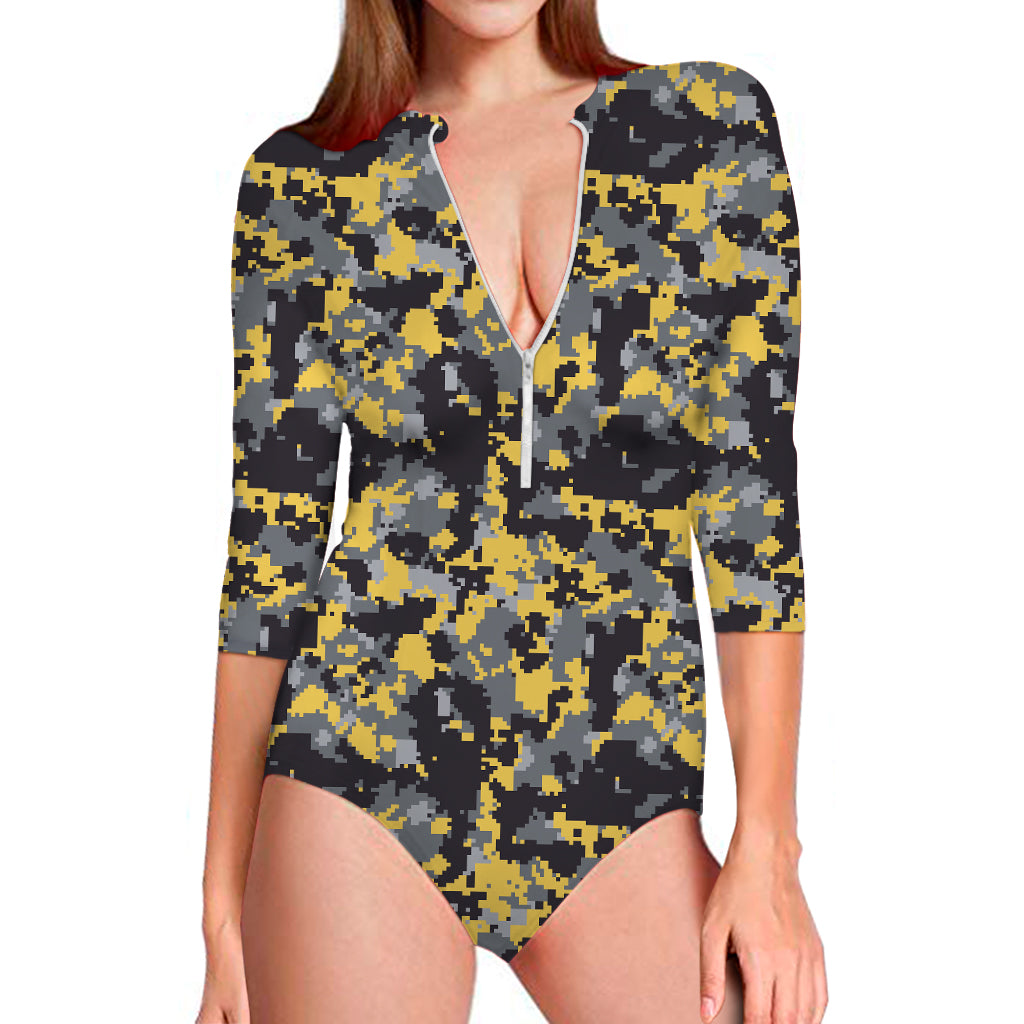 Yellow Black And Grey Digital Camo Print Long Sleeve Swimsuit