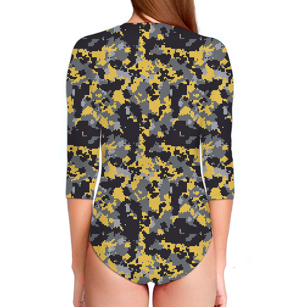 Yellow Black And Grey Digital Camo Print Long Sleeve Swimsuit