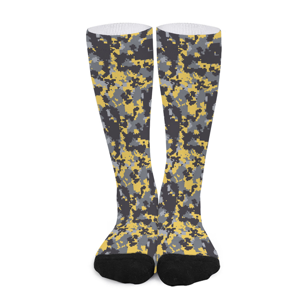 Yellow Black And Grey Digital Camo Print Long Socks