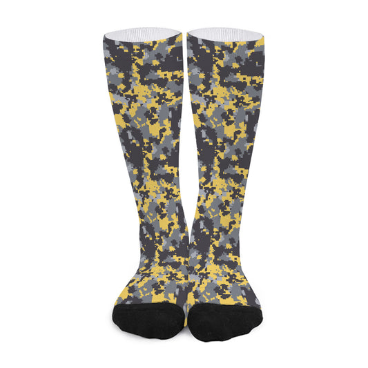 Yellow Black And Grey Digital Camo Print Long Socks