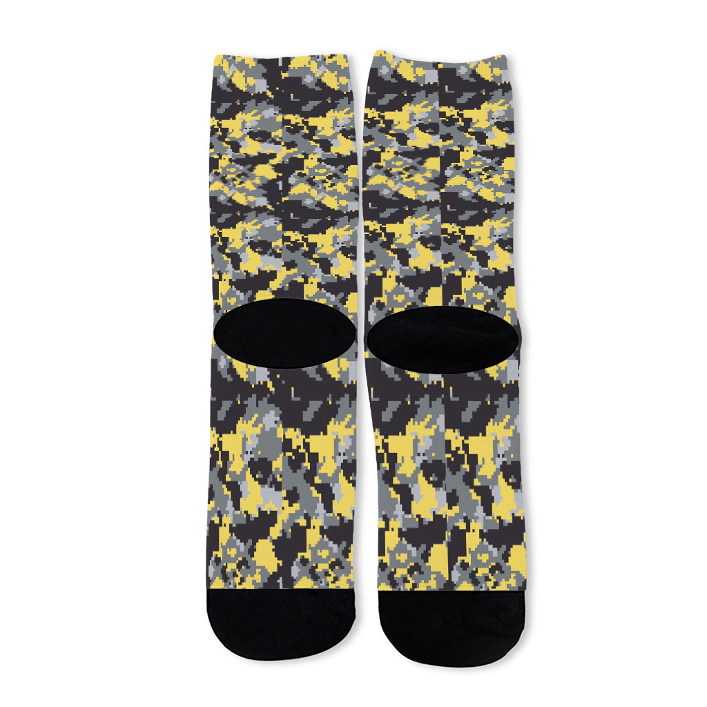 Yellow Black And Grey Digital Camo Print Long Socks