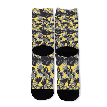 Yellow Black And Grey Digital Camo Print Long Socks