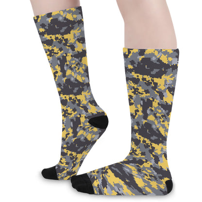 Yellow Black And Grey Digital Camo Print Long Socks