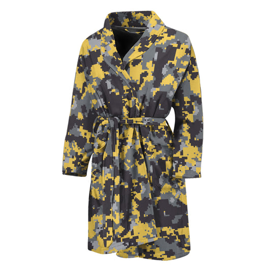 Yellow Black And Grey Digital Camo Print Men's Bathrobe