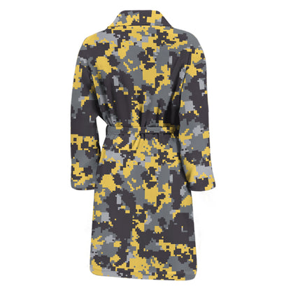 Yellow Black And Grey Digital Camo Print Men's Bathrobe
