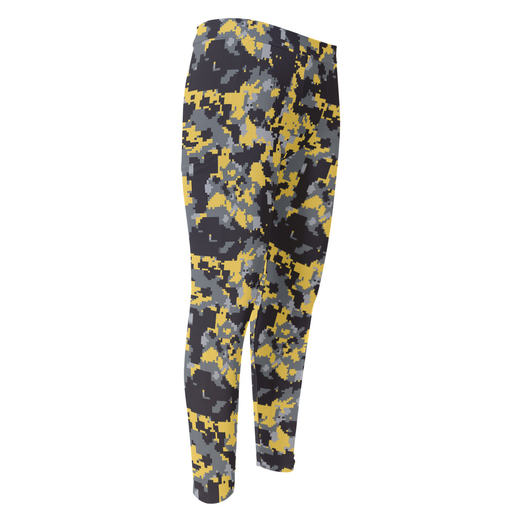 Yellow Black And Grey Digital Camo Print Men's Compression Pants