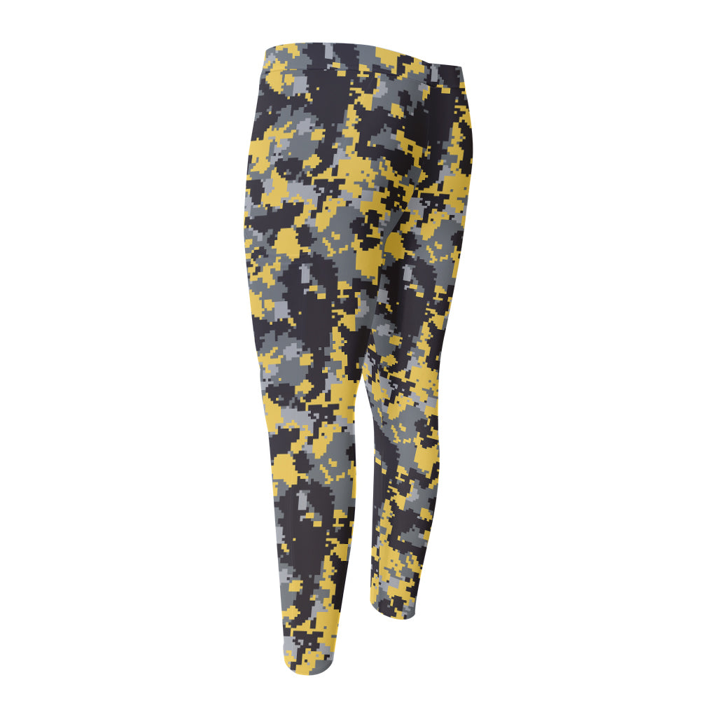 Yellow Black And Grey Digital Camo Print Men's Compression Pants