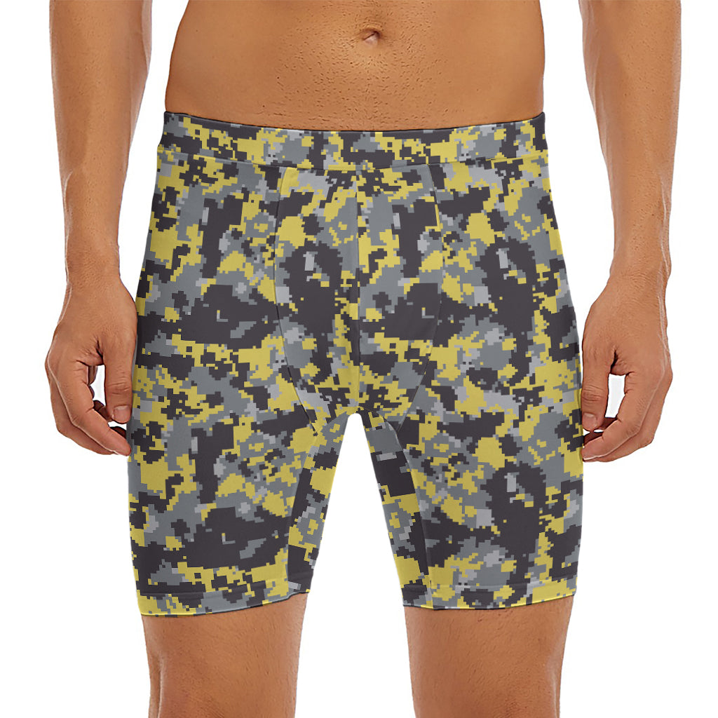 Yellow Black And Grey Digital Camo Print Men's Long Boxer Briefs