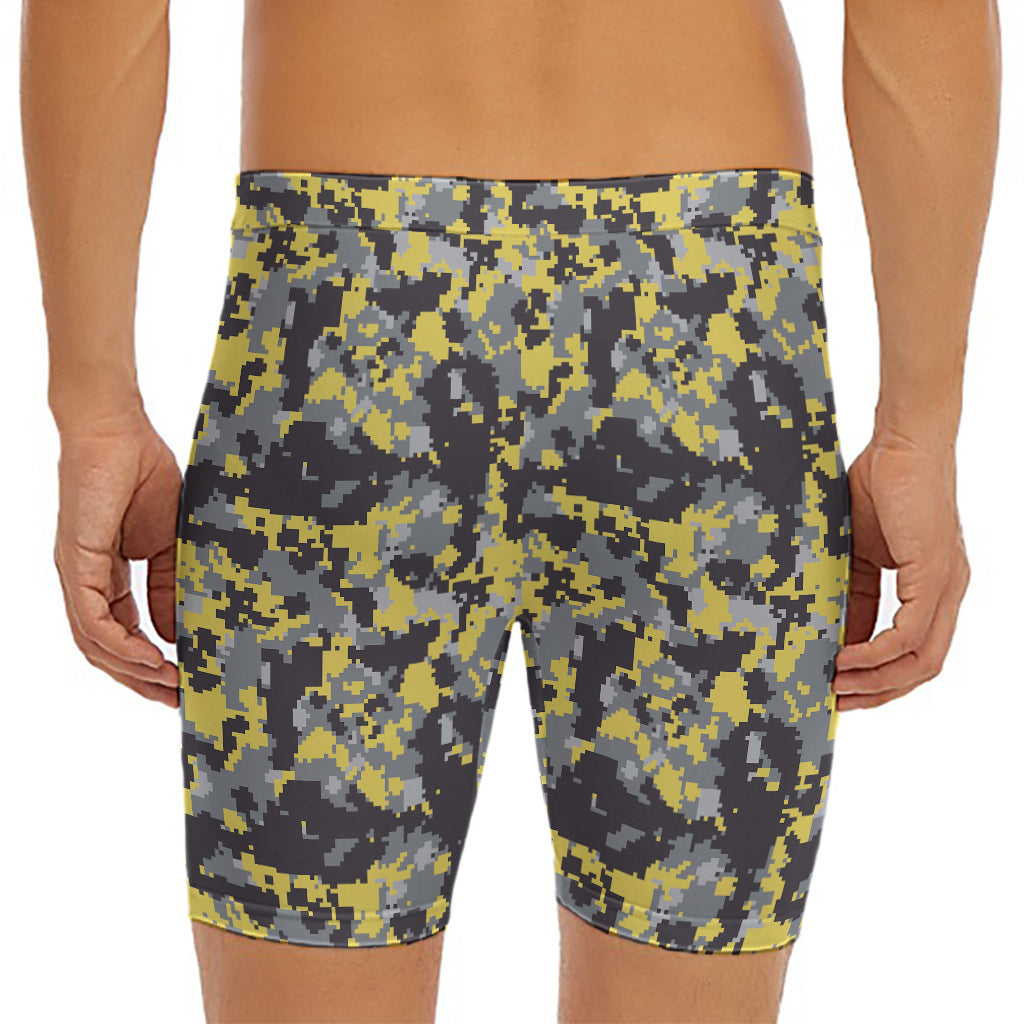 Yellow Black And Grey Digital Camo Print Men's Long Boxer Briefs