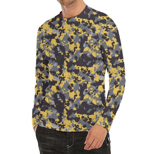 Yellow Black And Grey Digital Camo Print Men's Long Sleeve Rash Guard