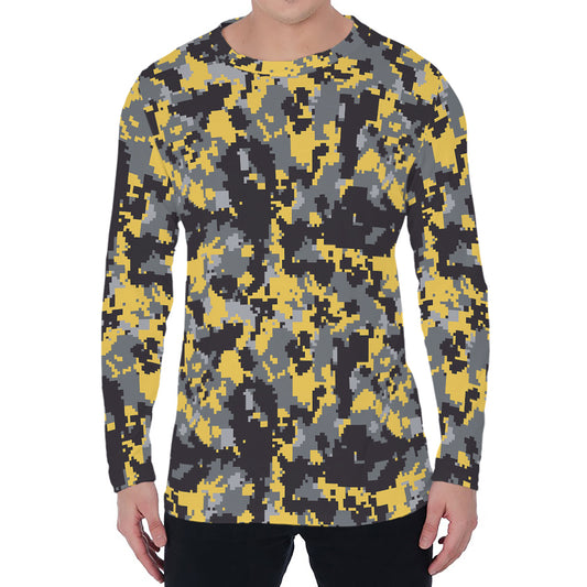 Yellow Black And Grey Digital Camo Print Men's Long Sleeve T-Shirt