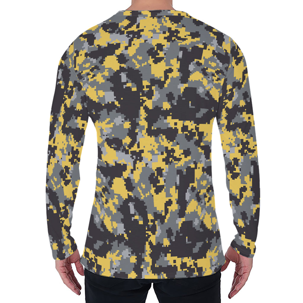 Yellow Black And Grey Digital Camo Print Men's Long Sleeve T-Shirt
