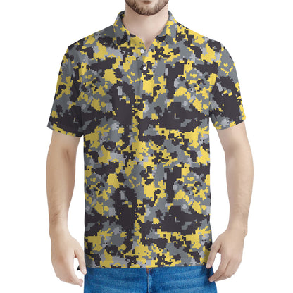 Yellow Black And Grey Digital Camo Print Men's Polo Shirt