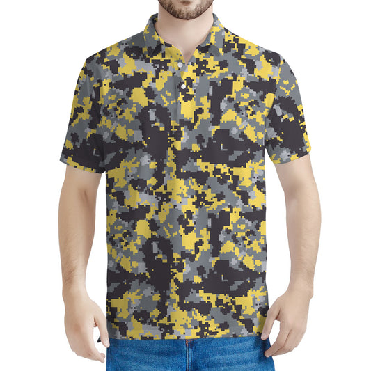 Yellow Black And Grey Digital Camo Print Men's Polo Shirt