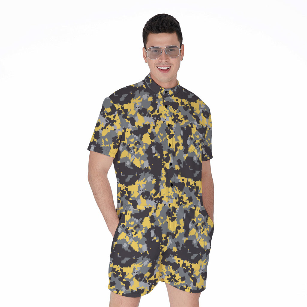 Yellow Black And Grey Digital Camo Print Men's Rompers