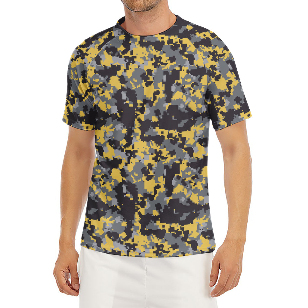 Yellow Black And Grey Digital Camo Print Men's Short Sleeve Rash Guard