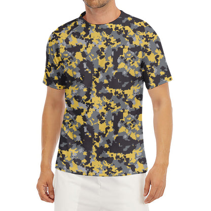 Yellow Black And Grey Digital Camo Print Men's Short Sleeve Rash Guard