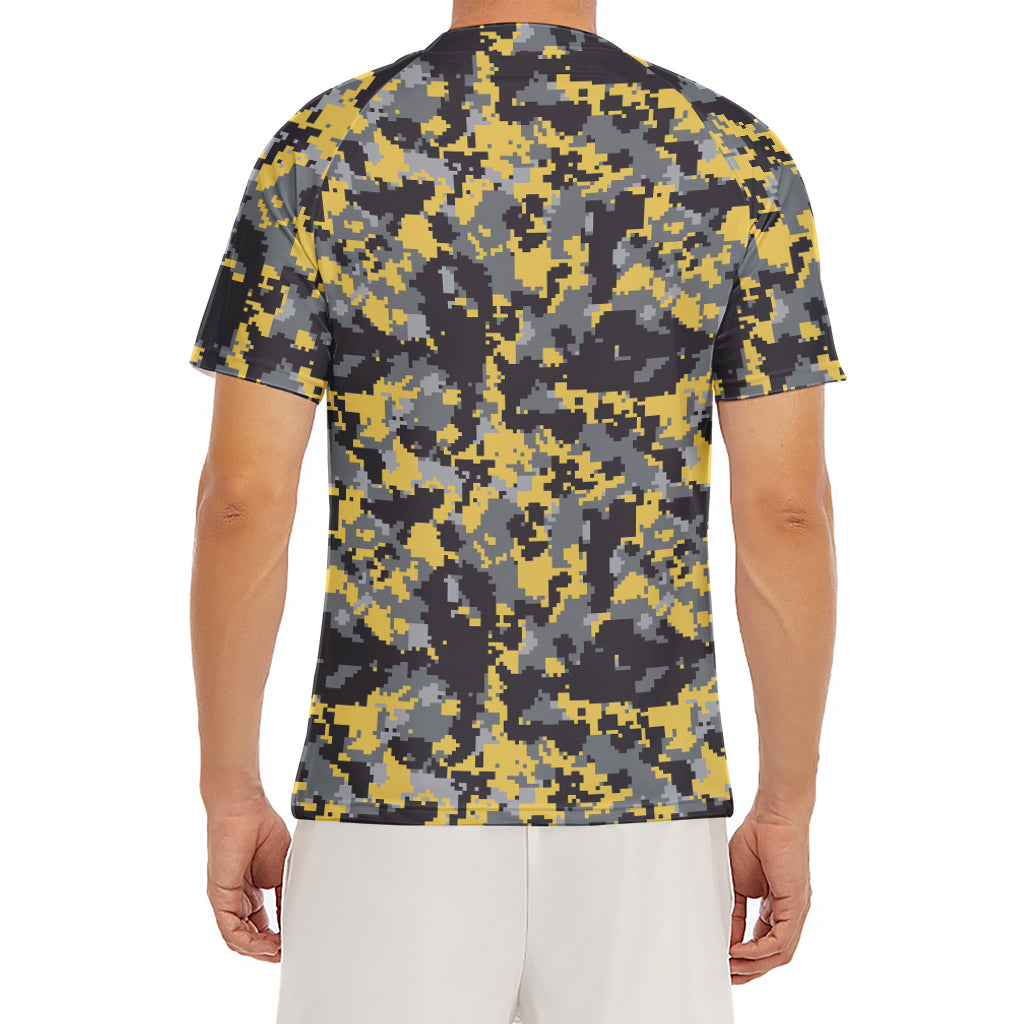 Yellow Black And Grey Digital Camo Print Men's Short Sleeve Rash Guard