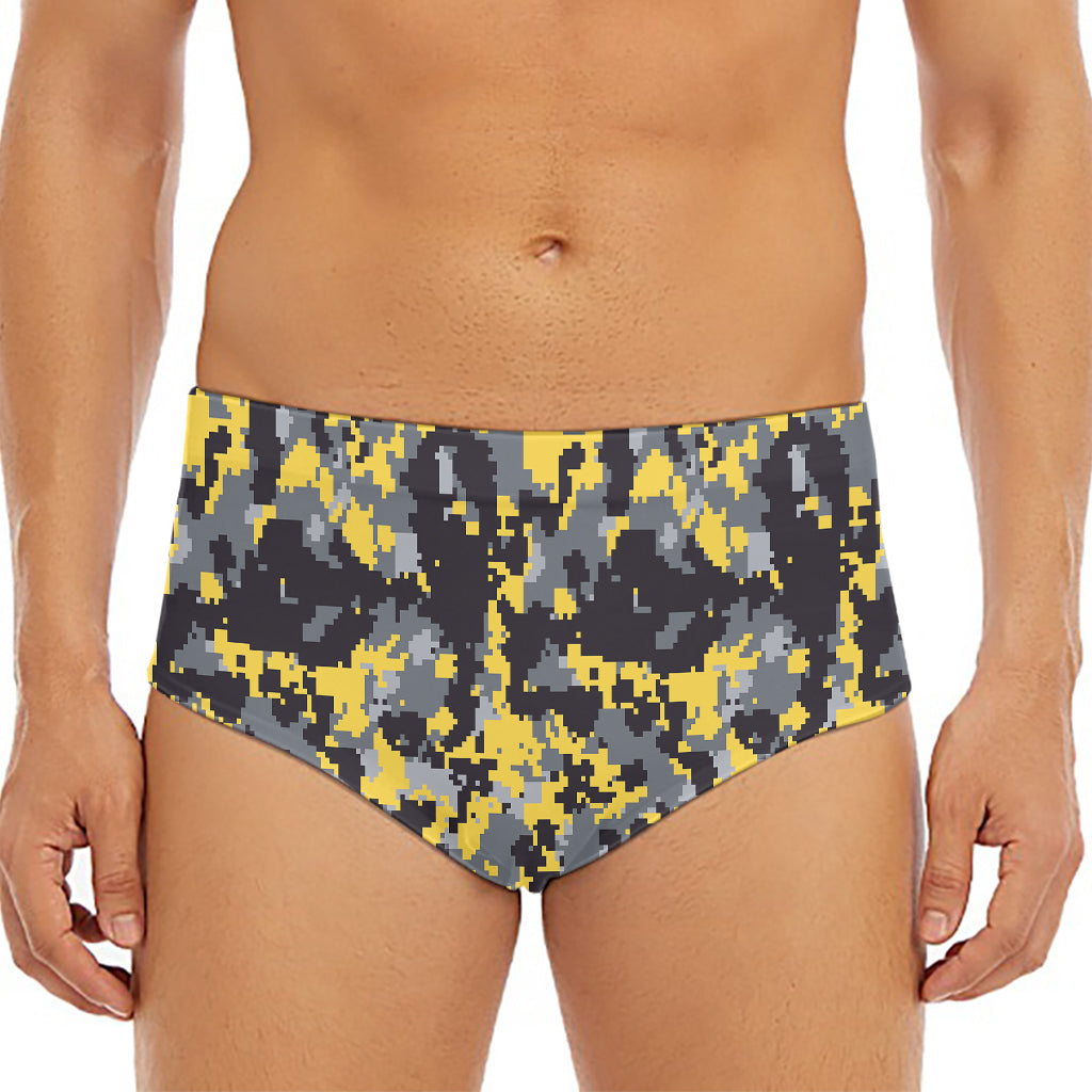 Yellow Black And Grey Digital Camo Print Men's Triangle Swim Briefs