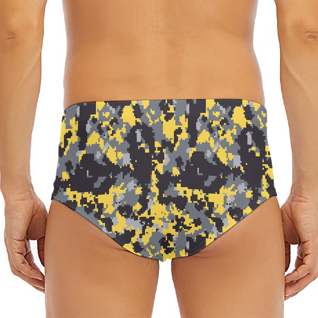 Yellow Black And Grey Digital Camo Print Men's Triangle Swim Briefs